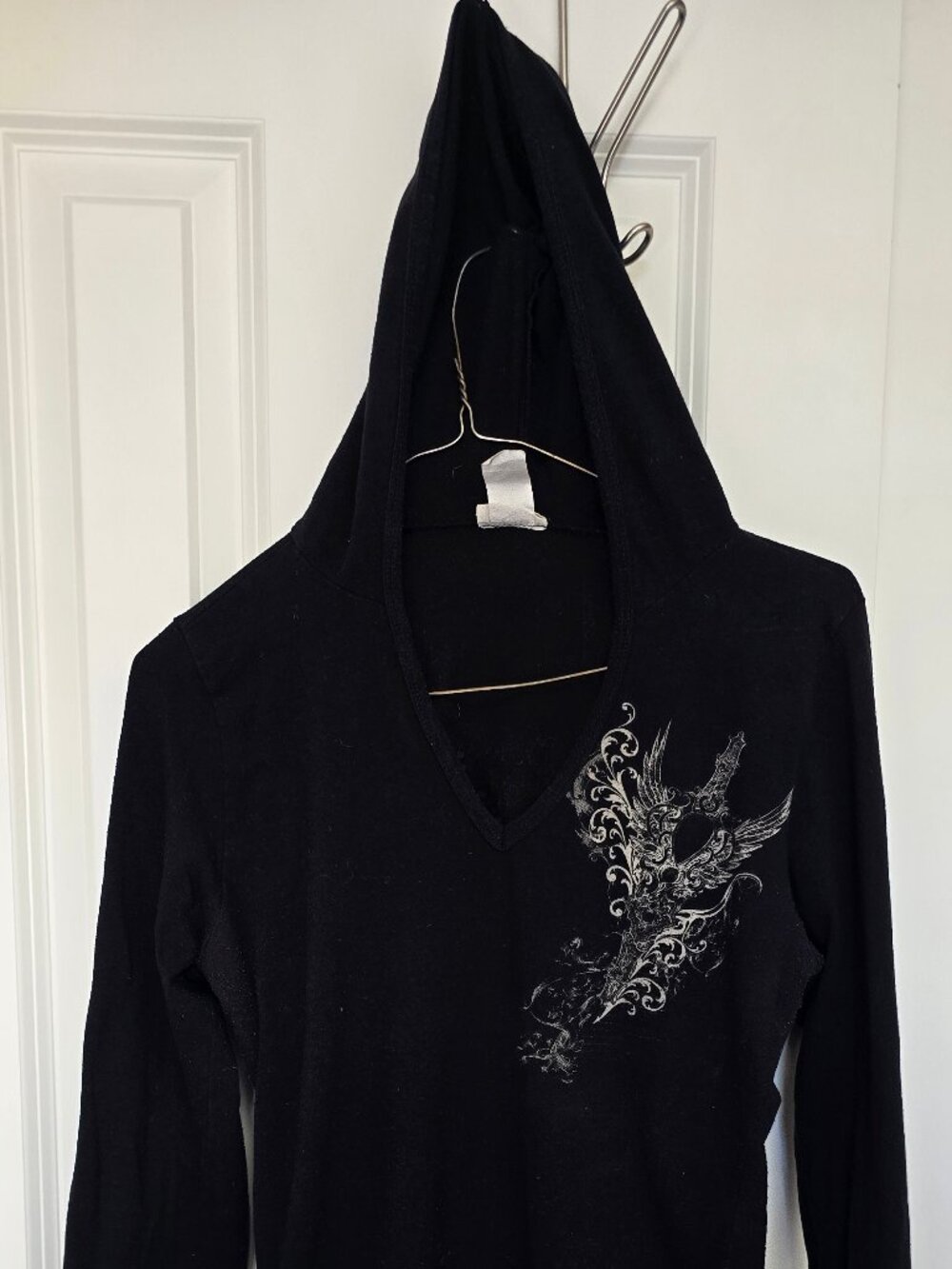 Vtg Y2K Retro Casual Rhinestone Wing Cross Black Hoodie Shirt XL